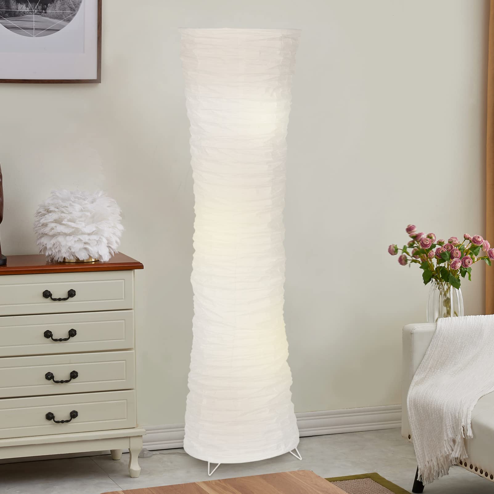 43 in Fabric and Paper Floor Lamp Shade, White and Beige