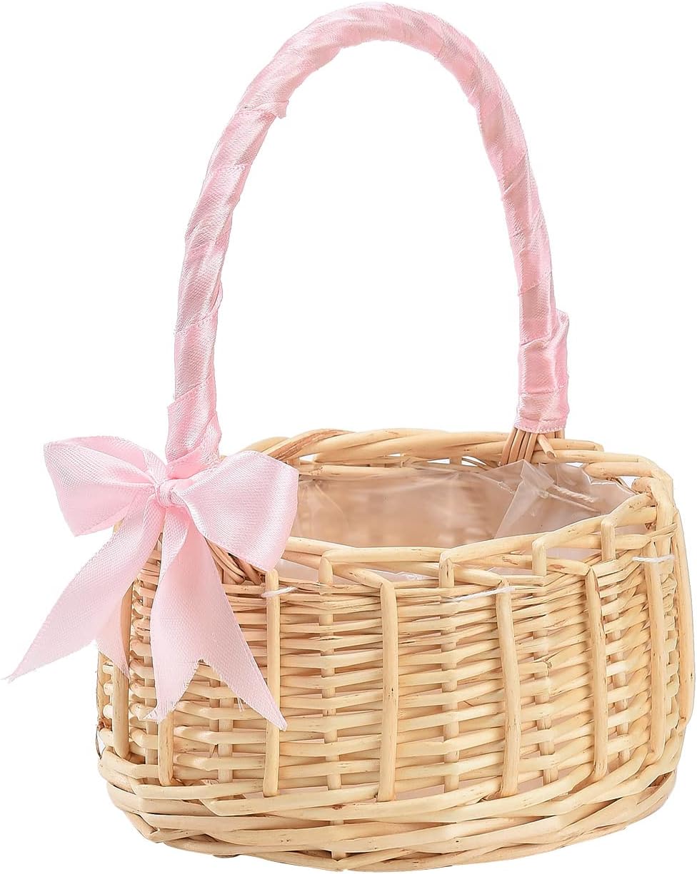 White Wicker Flower Girl Basket with Handle, Small