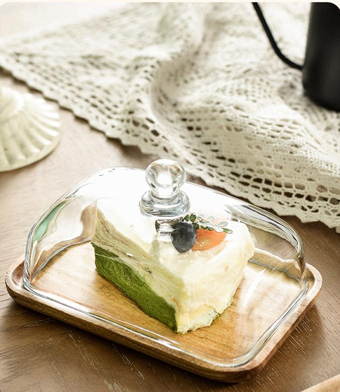 7 in Wooden Rectangular Cake Stand with Glass Cover