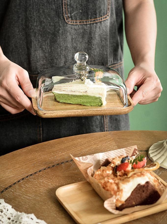 7 in Wooden Rectangular Cake Stand with Glass Cover