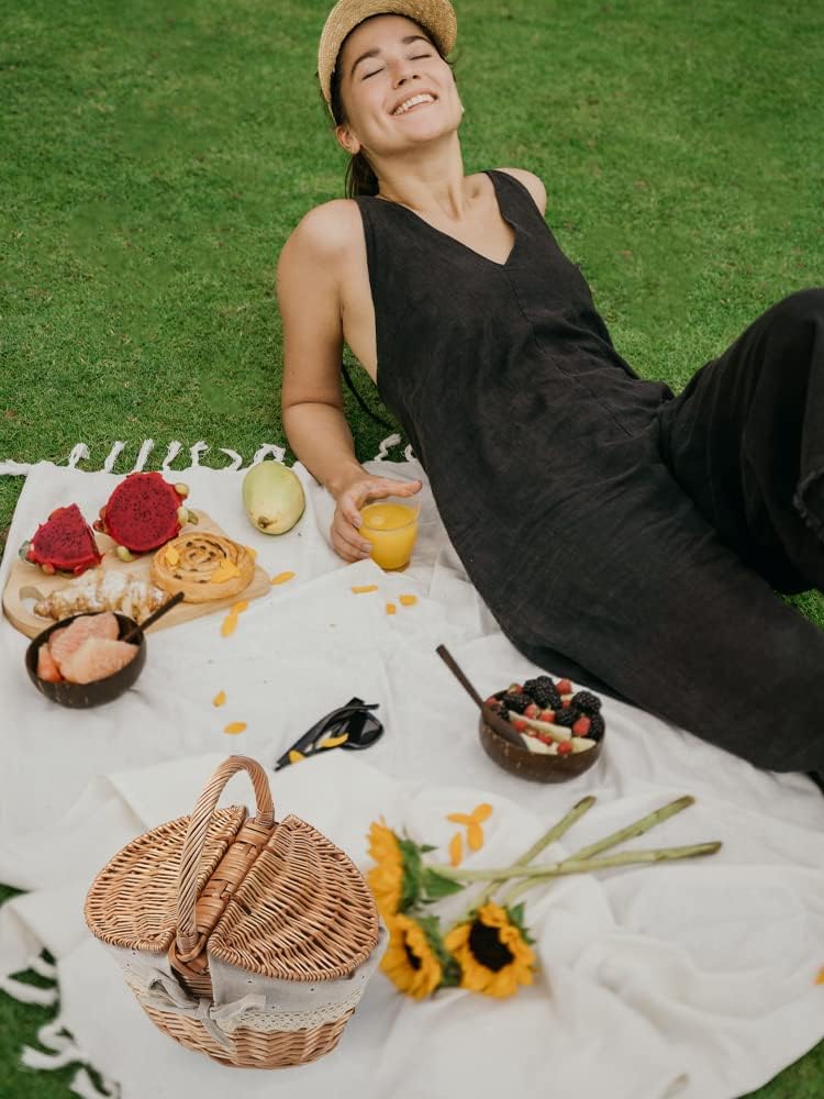 Wicker Picnic Basket with Lid and Handle, Vintage Outdoor Hamper