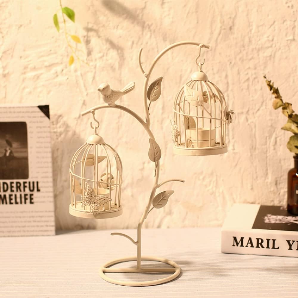 Decorative Iron Birdcage Candle Holder, Distressed Ivory, Large
