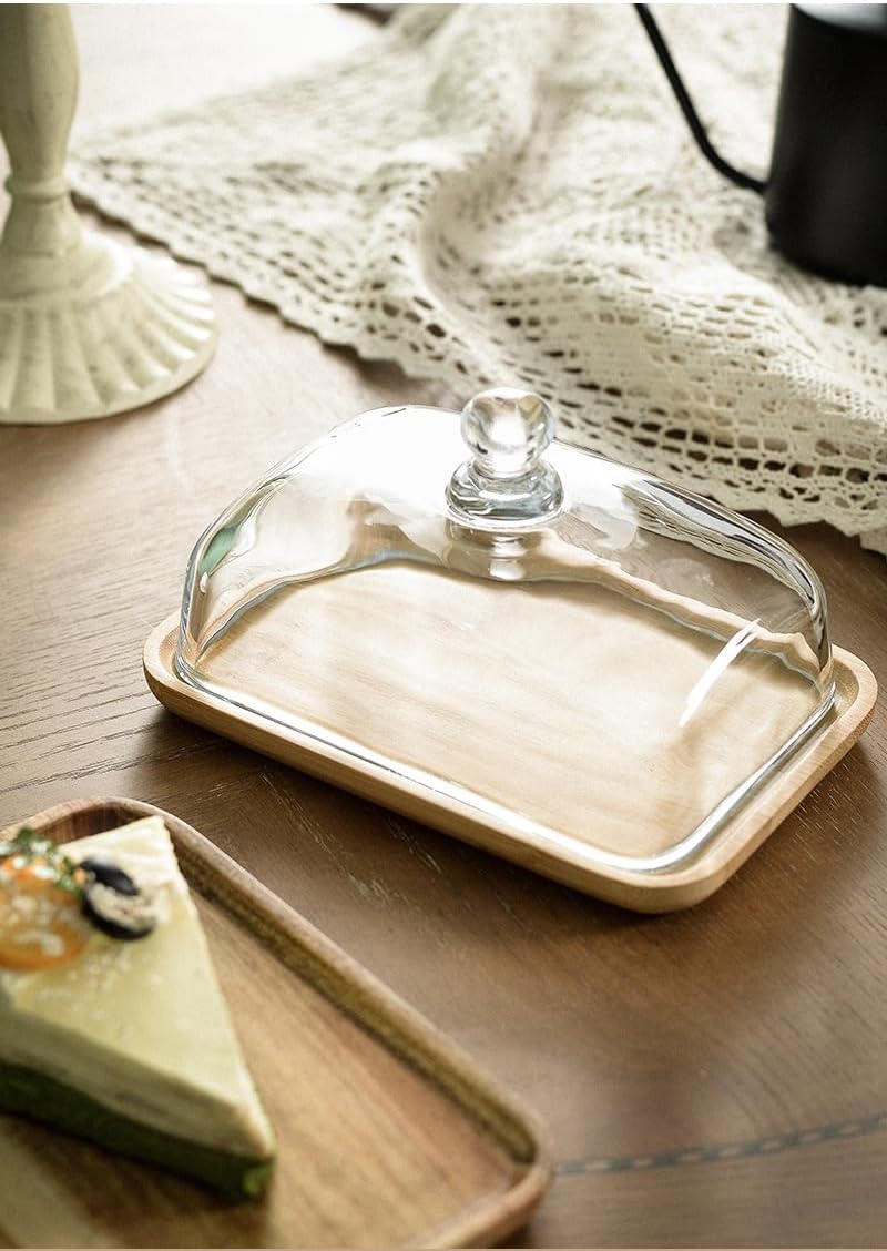7 in Wooden Rectangular Cake Stand with Glass Cover