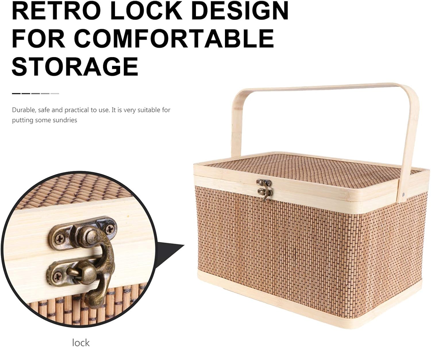 Bamboo Woven Storage Basket with Lid and Handle, 32x22x20cm