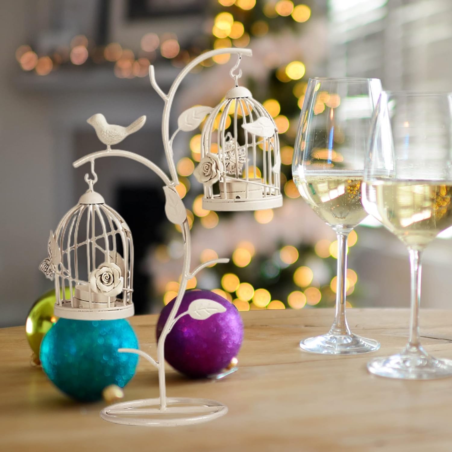 Decorative Iron Birdcage Candle Holder, Distressed Ivory, Large