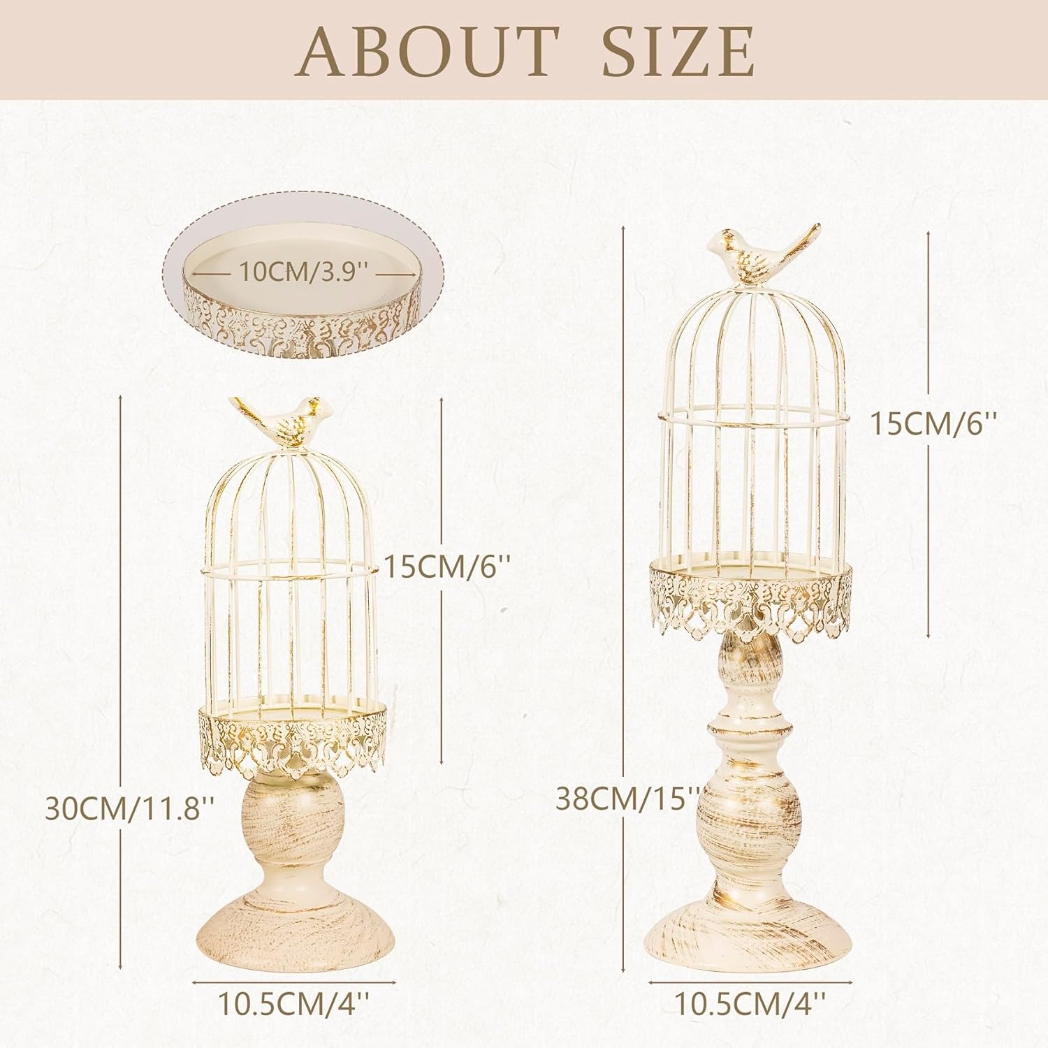 Decorative Iron Birdcage Candle Holder, Distressed Ivory, Large