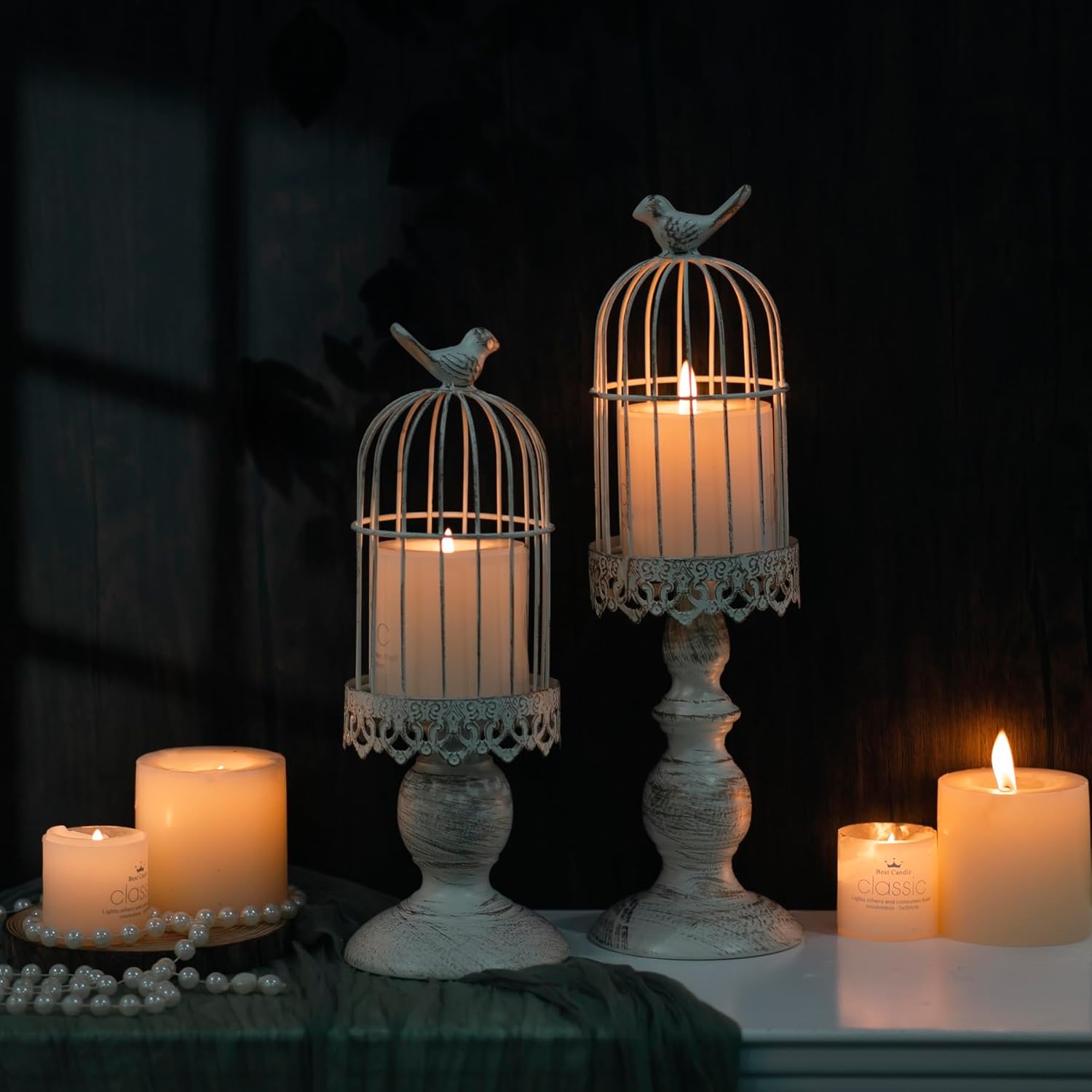 Decorative Iron Birdcage Candle Holder, Distressed Ivory, Large