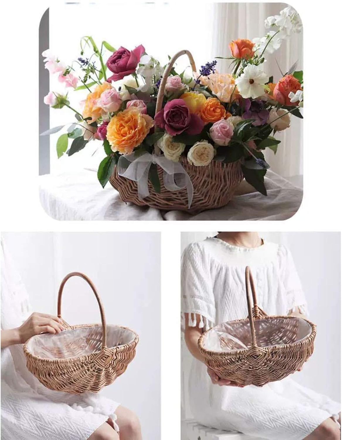 Rattan Wicker Flower Basket with Handle and Liner