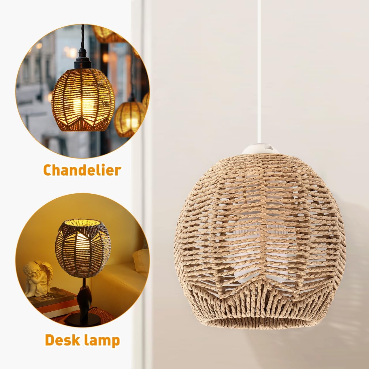 Set of 2 Rattan Pendant Lamp Shades, Woven Light Fixture, 5.89x5.51 in