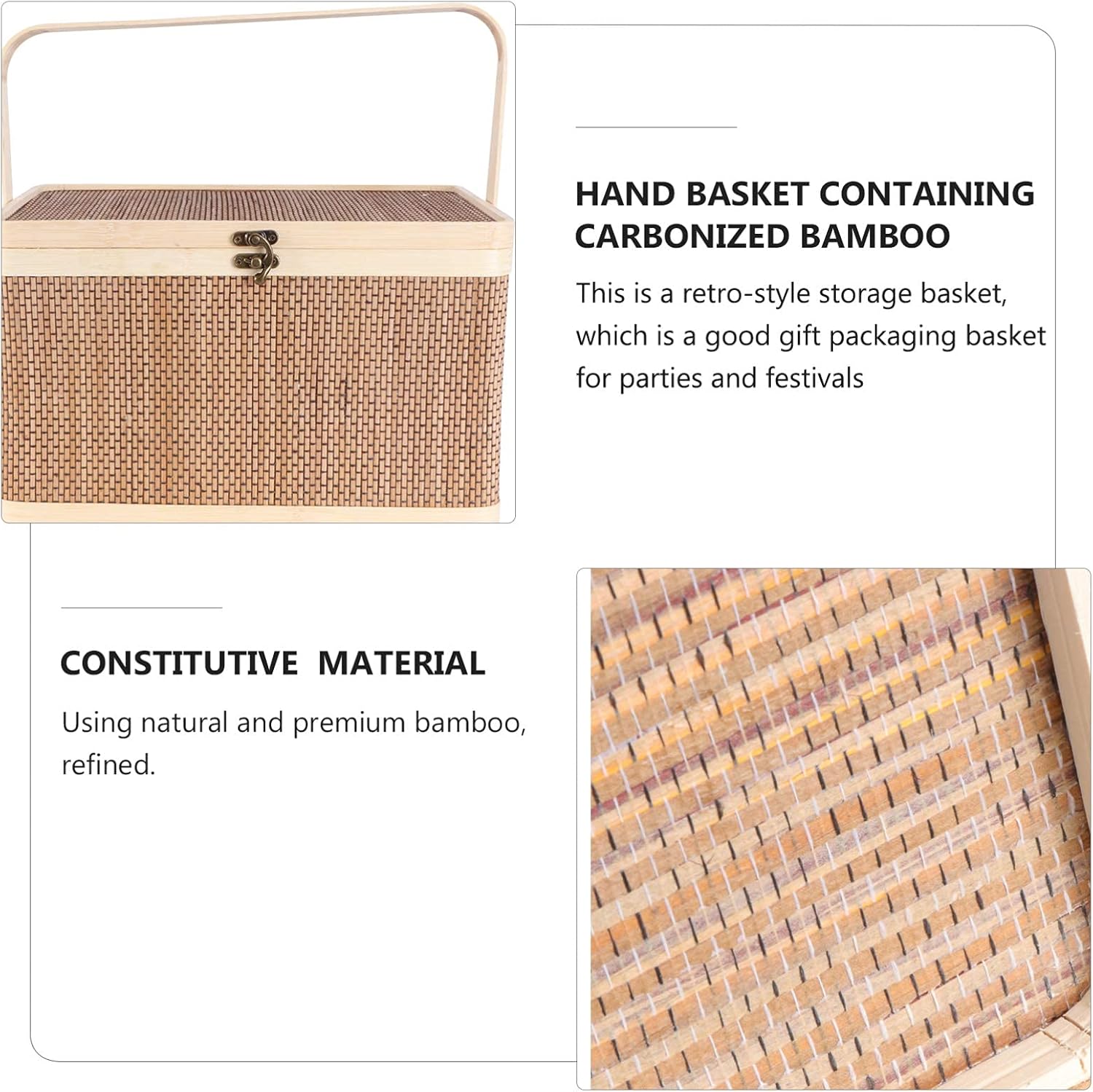 Bamboo Woven Storage Basket with Lid and Handle, 32x22x20cm