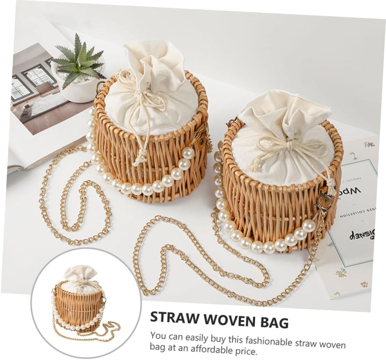 Straw Woven Rattan Handbag Tote Bag for Women, 16x16x14cm