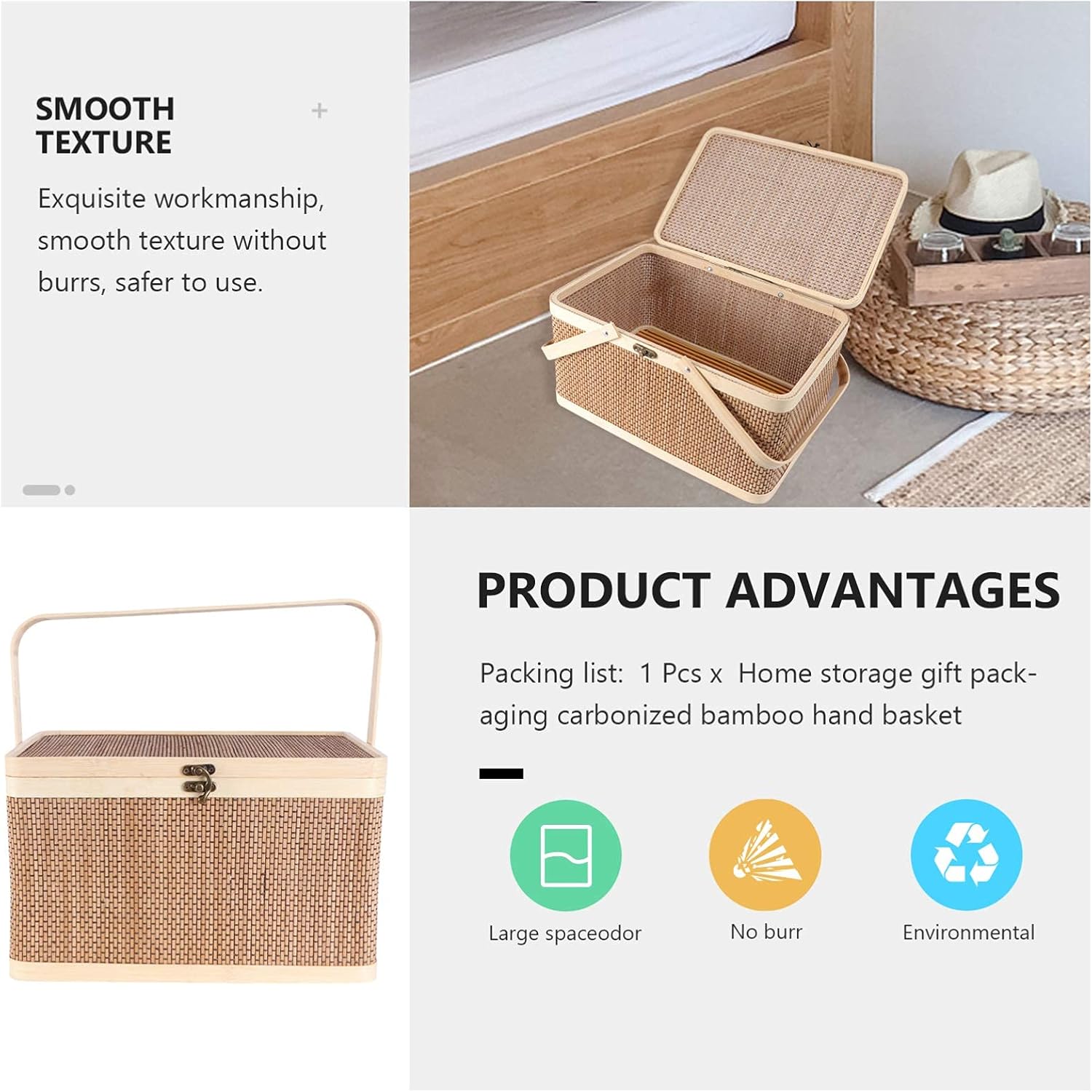 Bamboo Woven Storage Basket with Lid and Handle, 32x22x20cm