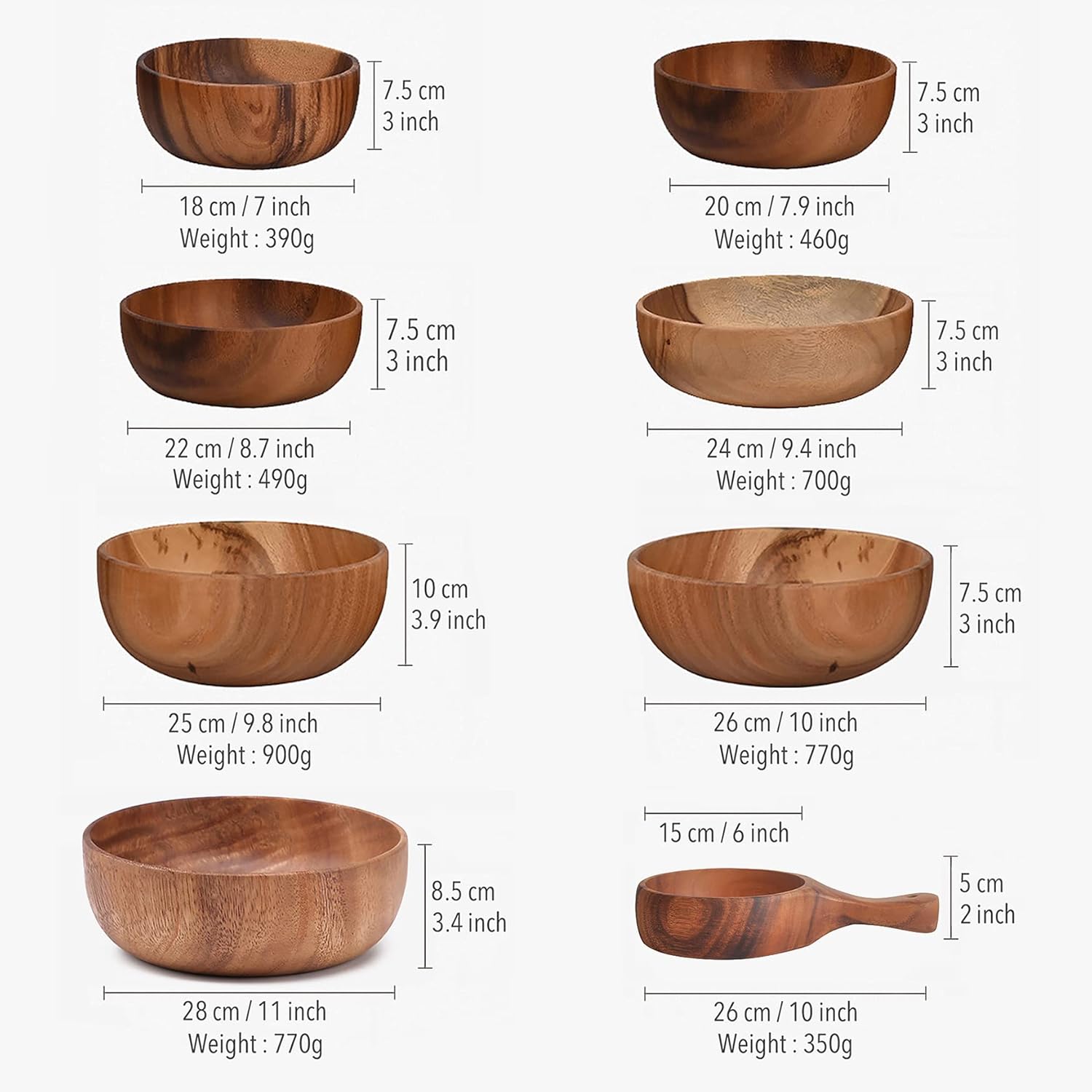 Oversized Handmade Acacia Wood Salad Bowl, 20x7.5 cm