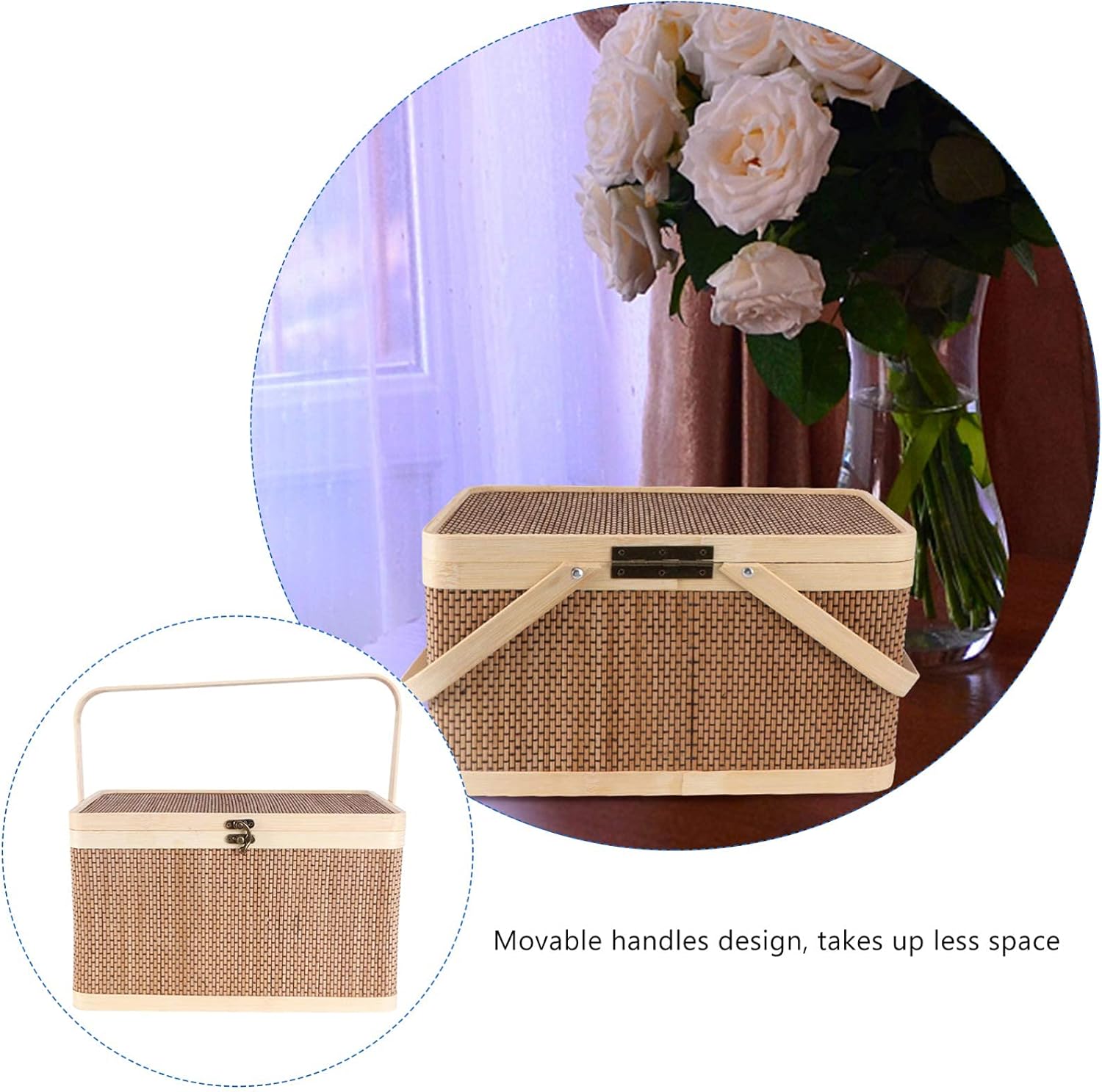 Bamboo Woven Storage Basket with Lid and Handle, 32x22x20cm