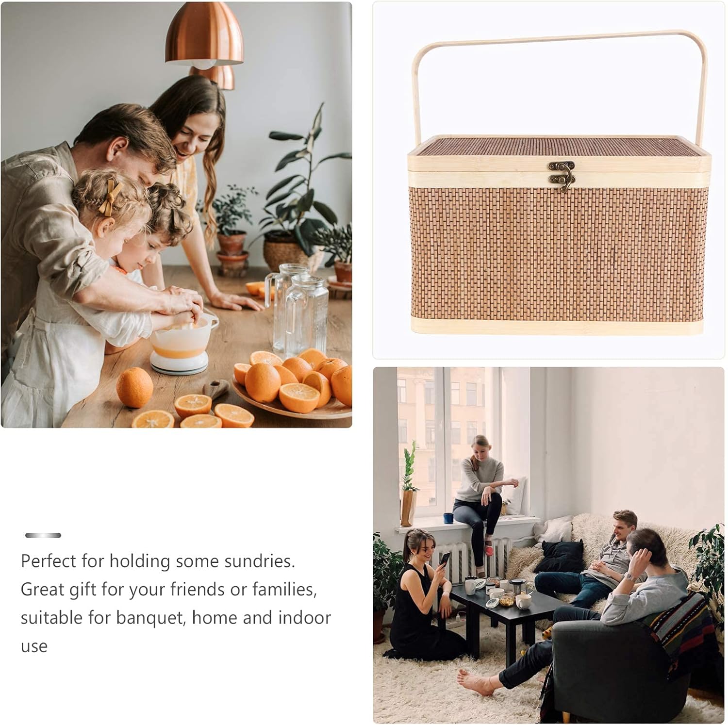 Bamboo Woven Storage Basket with Lid and Handle, 32x22x20cm