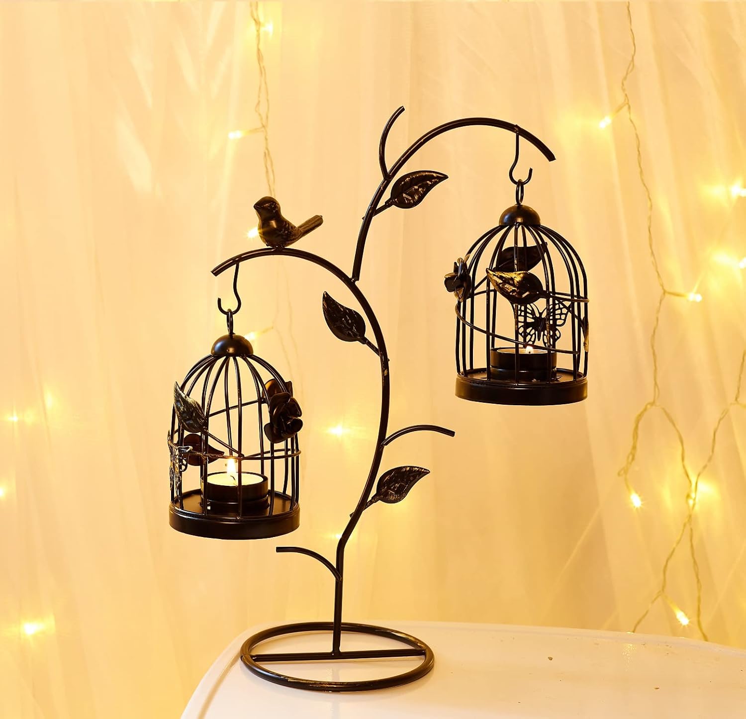 Decorative Iron Birdcage Candle Holder, Distressed Ivory, Large