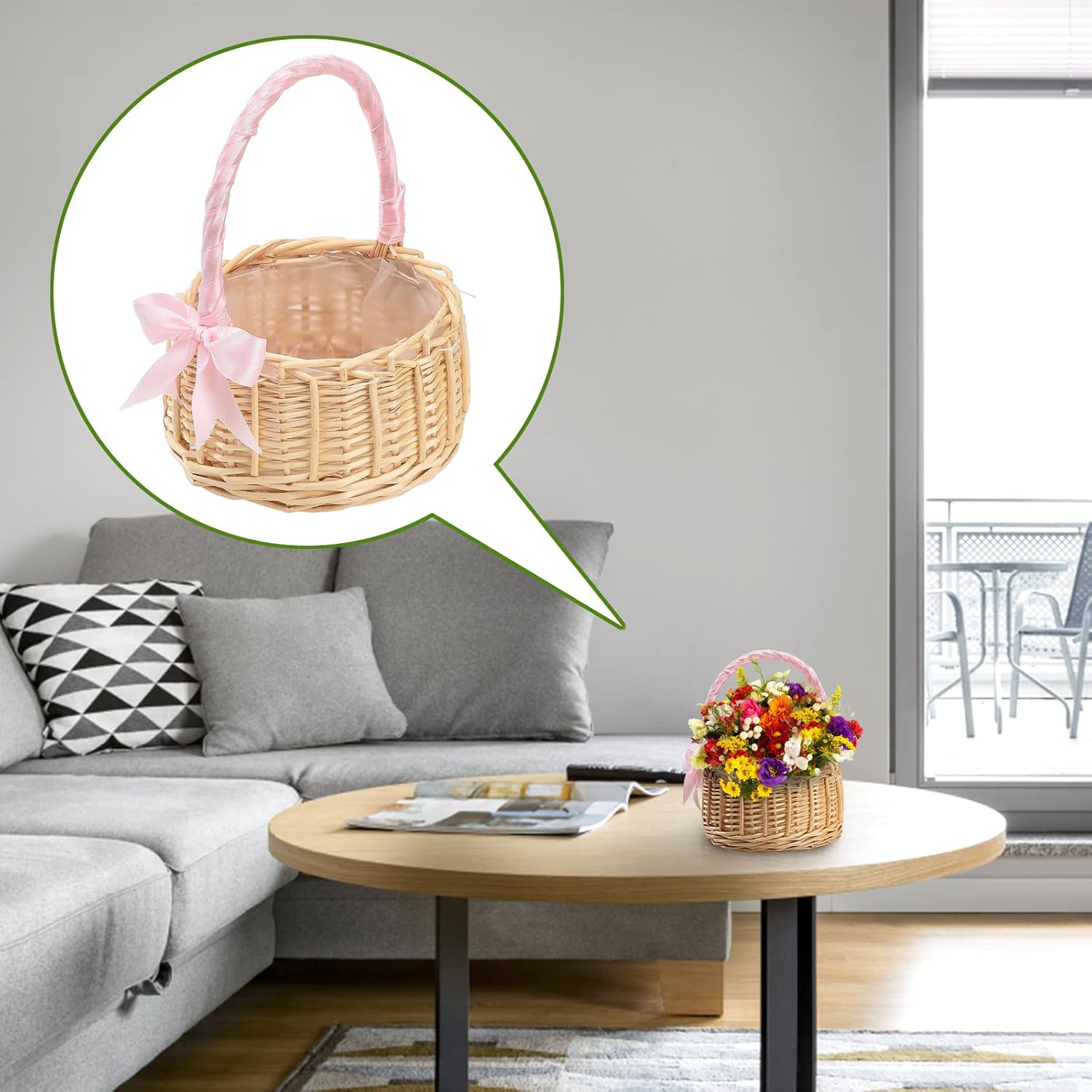 White Wicker Flower Girl Basket with Handle, Small