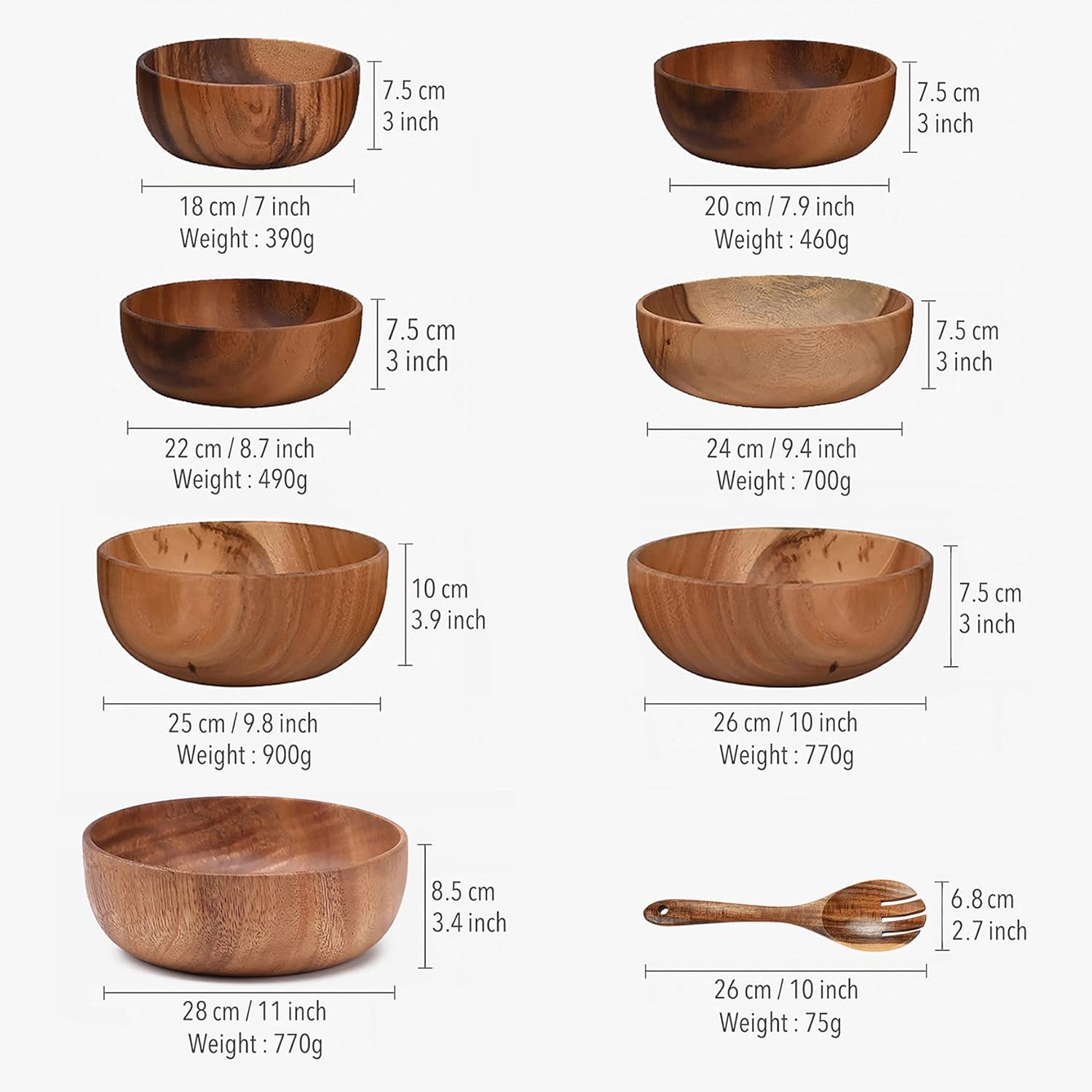 Oversized Handmade Acacia Wood Salad Bowl, 20x7.5 cm