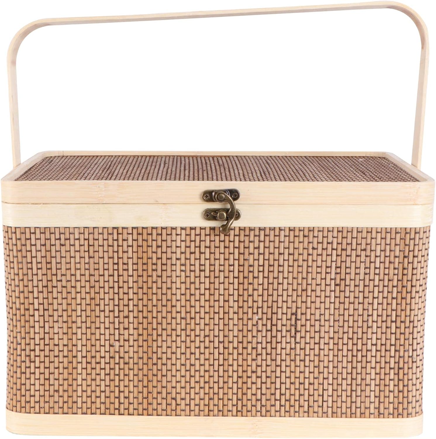 Bamboo Woven Storage Basket with Lid and Handle, 32x22x20cm