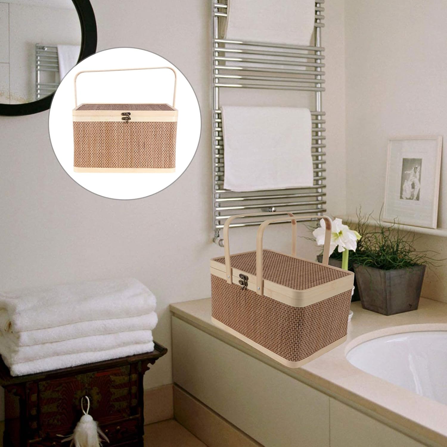 Bamboo Woven Storage Basket with Lid and Handle, 32x22x20cm