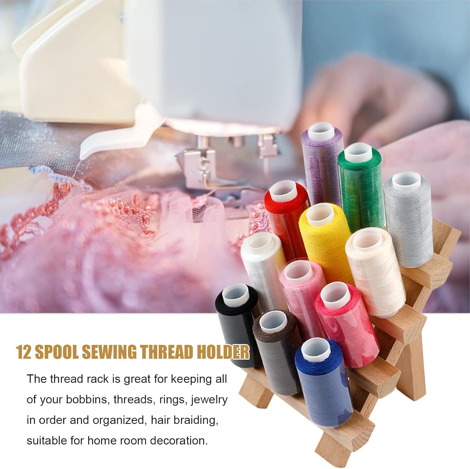 Wooden Thread Spool Holder Rack for 12 Spools, Foldable