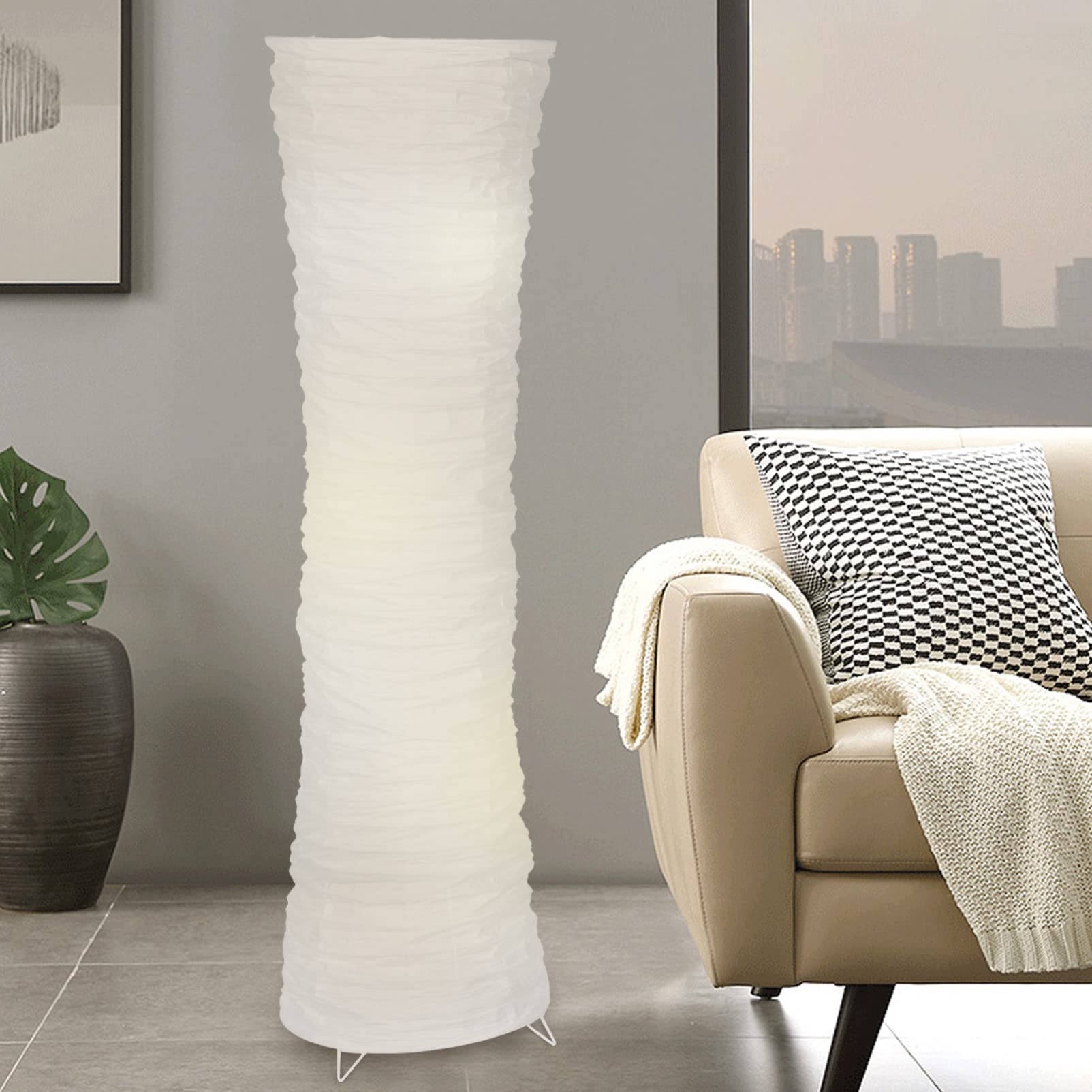 43 in Fabric and Paper Floor Lamp Shade, White and Beige