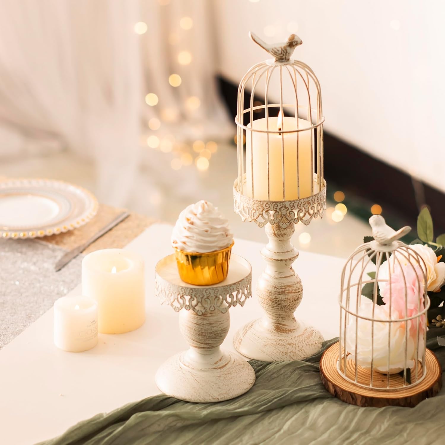 Decorative Iron Birdcage Candle Holder, Distressed Ivory, Large