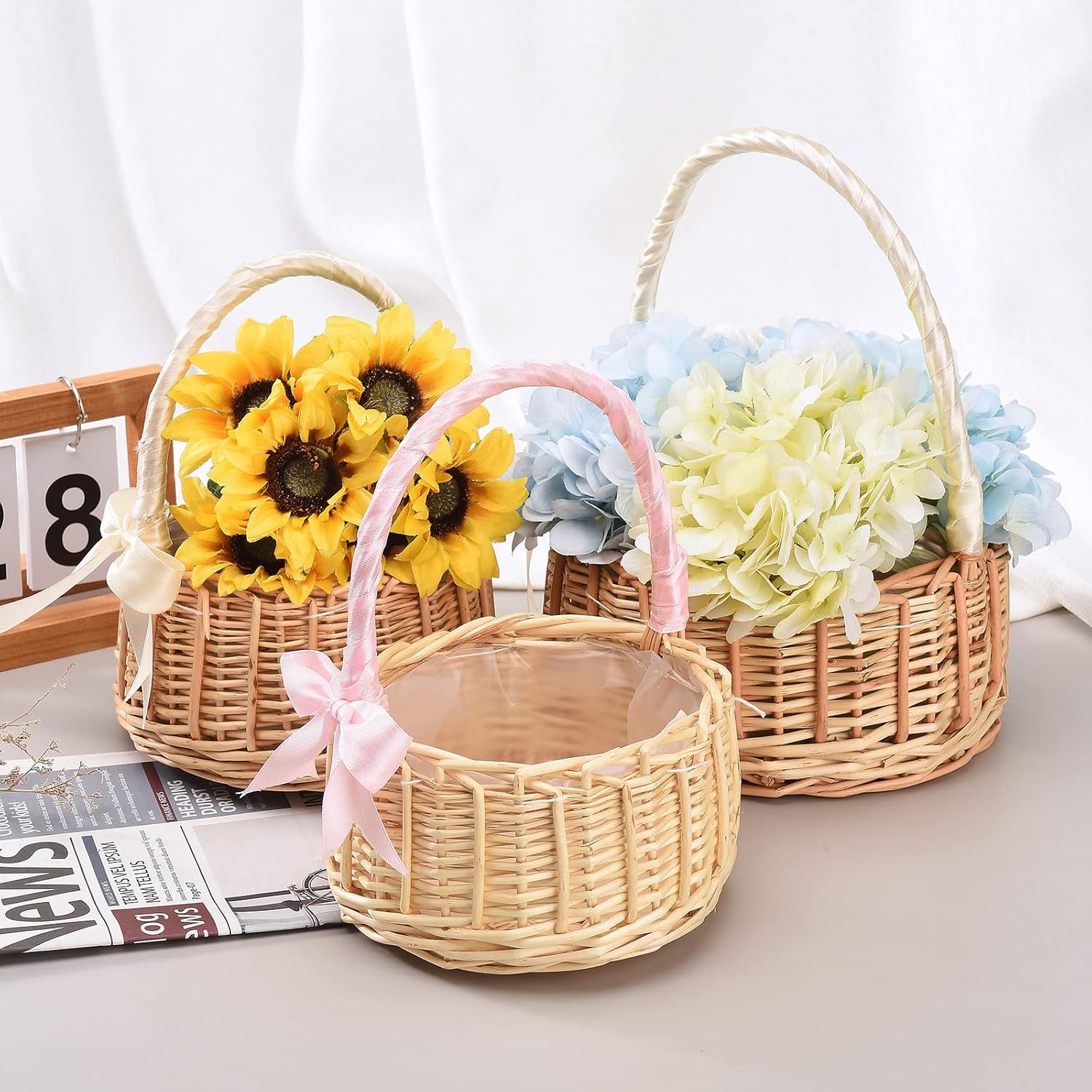 White Wicker Flower Girl Basket with Handle, Small