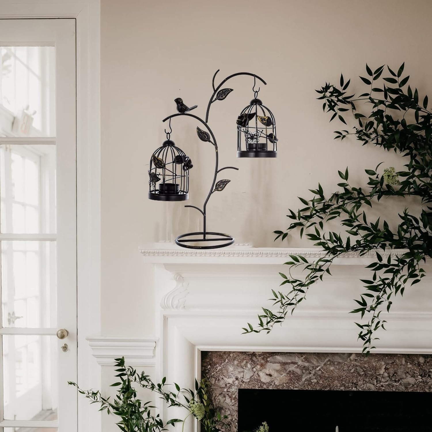 Decorative Iron Birdcage Candle Holder, Distressed Ivory, Large