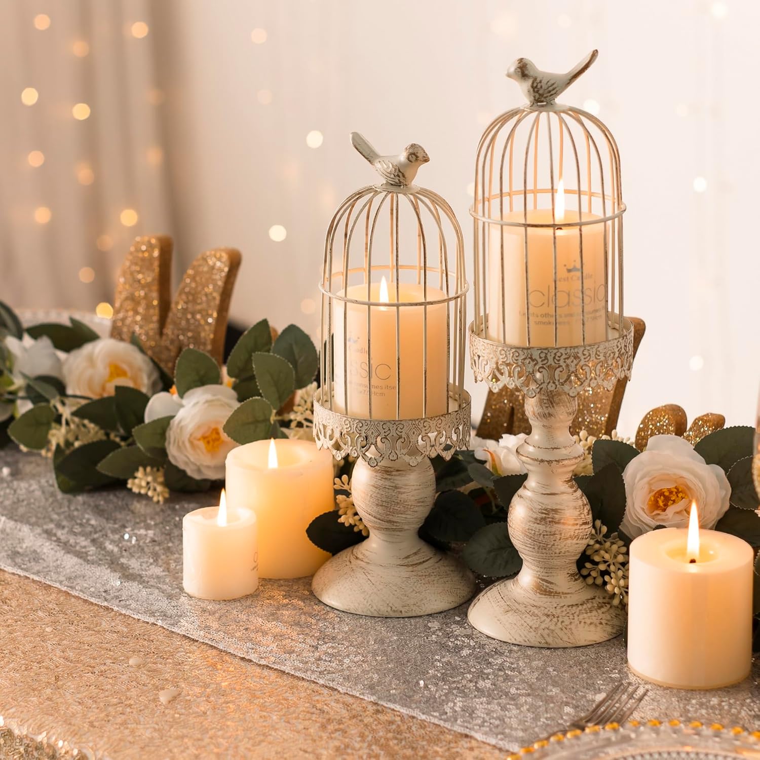 Decorative Iron Birdcage Candle Holder, Distressed Ivory, Large