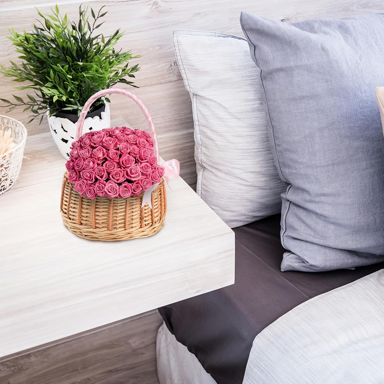 White Wicker Flower Girl Basket with Handle, Small